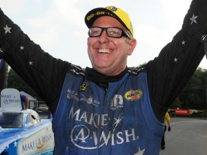 Tommy Johnson, Jr. celebrates after winning Sunday's NHRA Funny Car final in the Dodge NHRA Nationals at Maple Grove Raceway.  Photo: NHRA Media