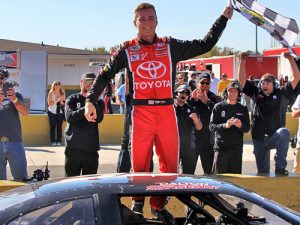 Dalton Sargeant celebrates after scoring his first career PASS South Super Late Model Series victory of the season in Saturday's Mason-Dixon Meltdown 125 at Concord Speedway. Photo: LWPictures.com