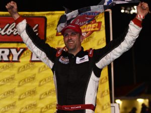 Deac McCaskill celebrates after winning Saturday night's CARS Racing Tour Late Model Stock Car feature at Hickory Motor Speedway. Photo by Kyle Tretow/CARS Tour