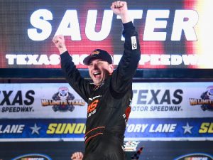 Johnny Sauter celebrates Friday night after winning the NASCAR Camping World Truck Series race at Texas Motor Speedway.  Photo by Matt Sullivan/NASCAR via Getty Images