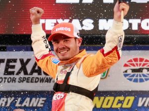 Kyle Larson celebrates after scoring the victory in Saturday's NASCAR Xfinity Series race at Texas Motor Speedway. Photo by Matt Sullivan/NASCAR via Getty Images